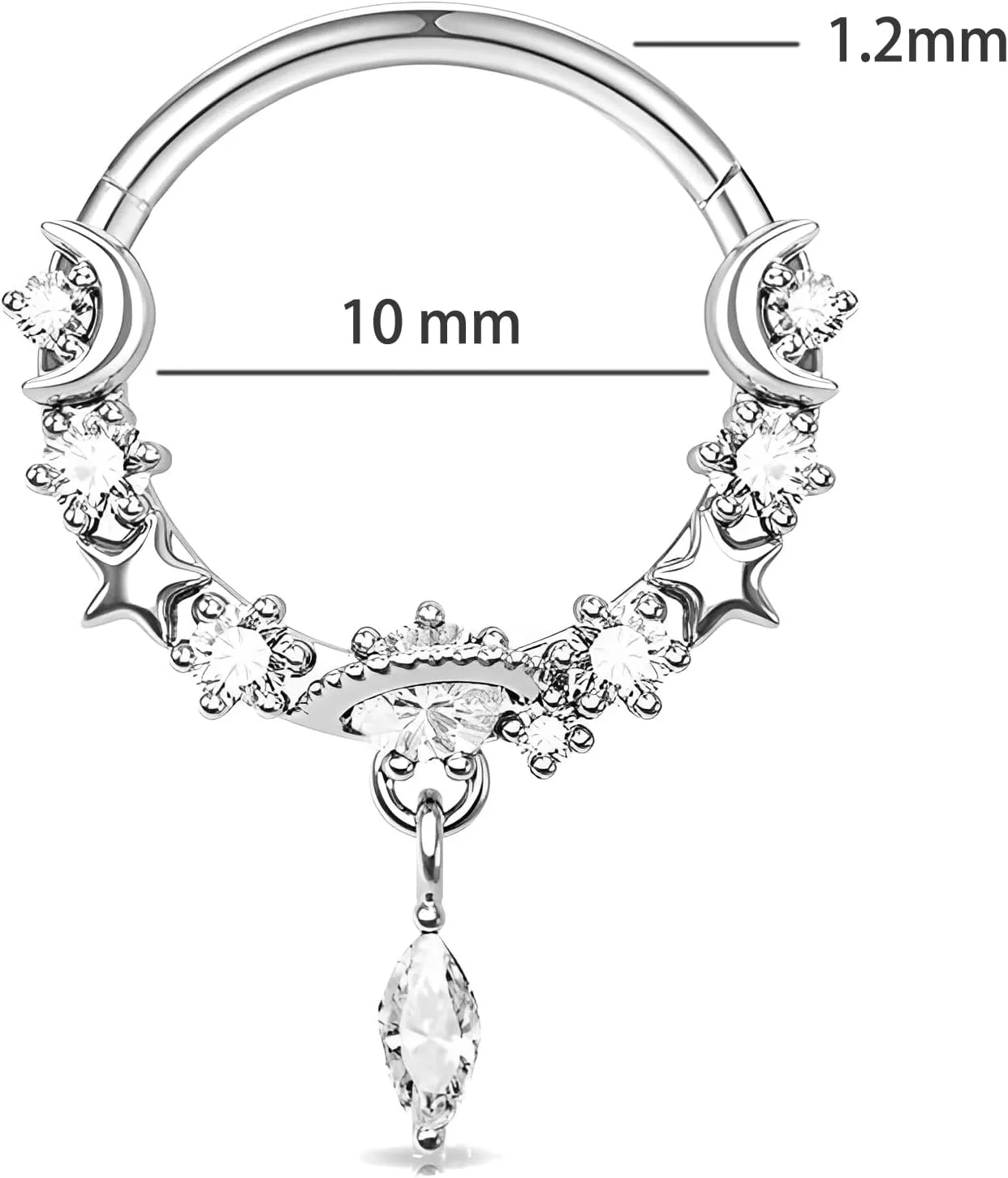 1 PC 16G Silver Diameter 8mm Elegant Dangle Nose Septum Ring 316L Stainless Steel with Clear Planet CZ Hinged Segment Ring Cartilage Earrings Hoop Helix Tragus Piercing Jewerly for Women and Men