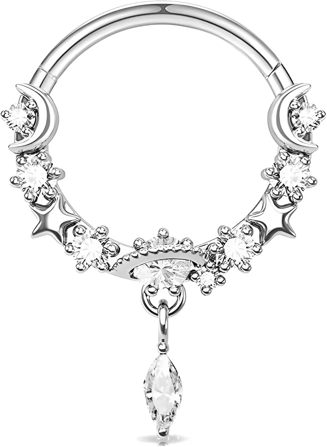 1 PC 16G Silver Diameter 8mm Elegant Dangle Nose Septum Ring 316L Stainless Steel with Clear Planet CZ Hinged Segment Ring Cartilage Earrings Hoop Helix Tragus Piercing Jewerly for Women and Men