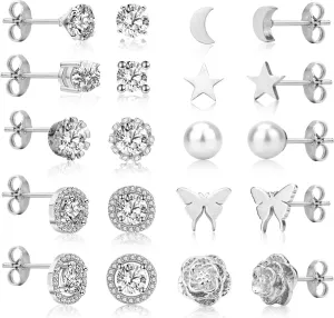 10 Pairs Silver Stud Earrings Set for Women Fashion Hypoallergenic Simple Chic Pearl Cubic Zirconia Star Moon Butterfly Rose Studs Earrings for Multiple Piercing