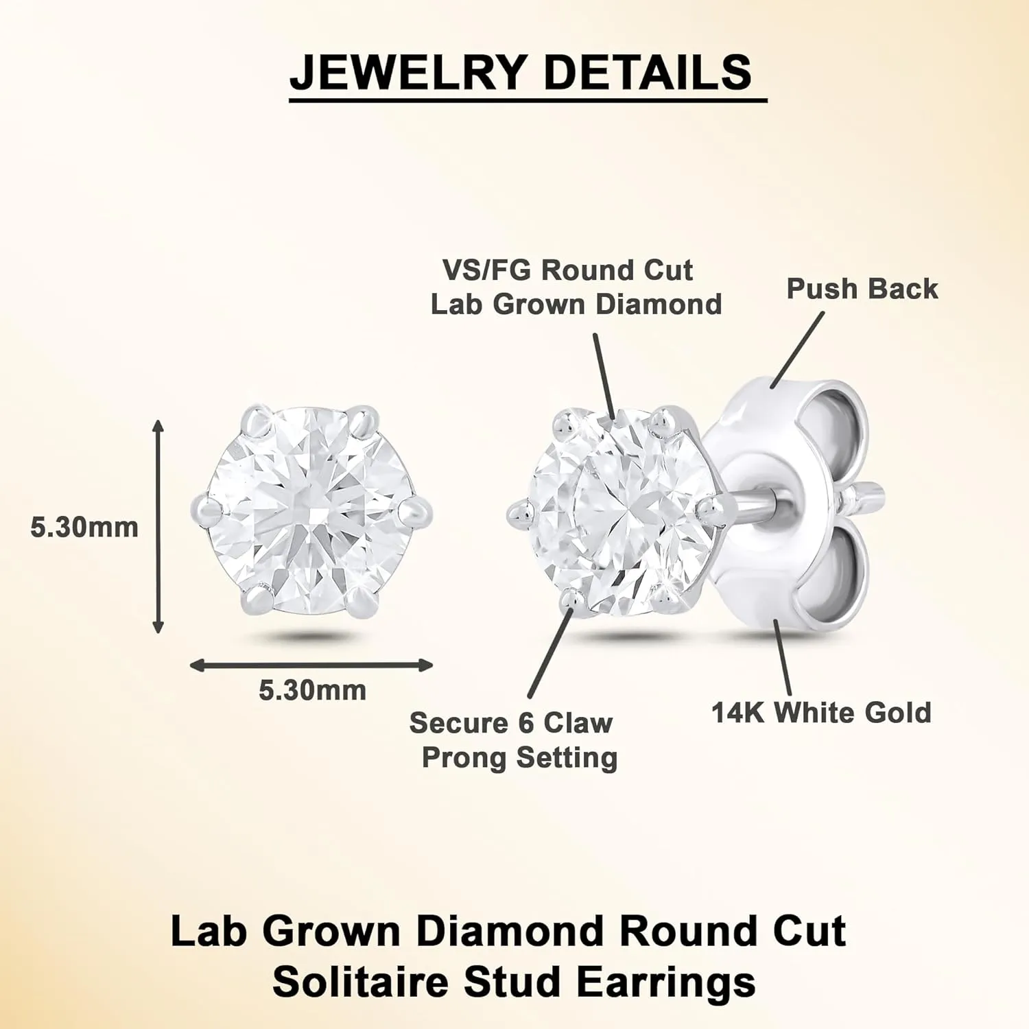 1/2 to 1.00 Carat Certified Lab Grown Diamond Round Cut 6 Claw Solitaire Stud For Women Men Unisex | Real 14K Yellow Or White Gold Prong Set Stud Earrings (Clarity: VS, Color: FG)