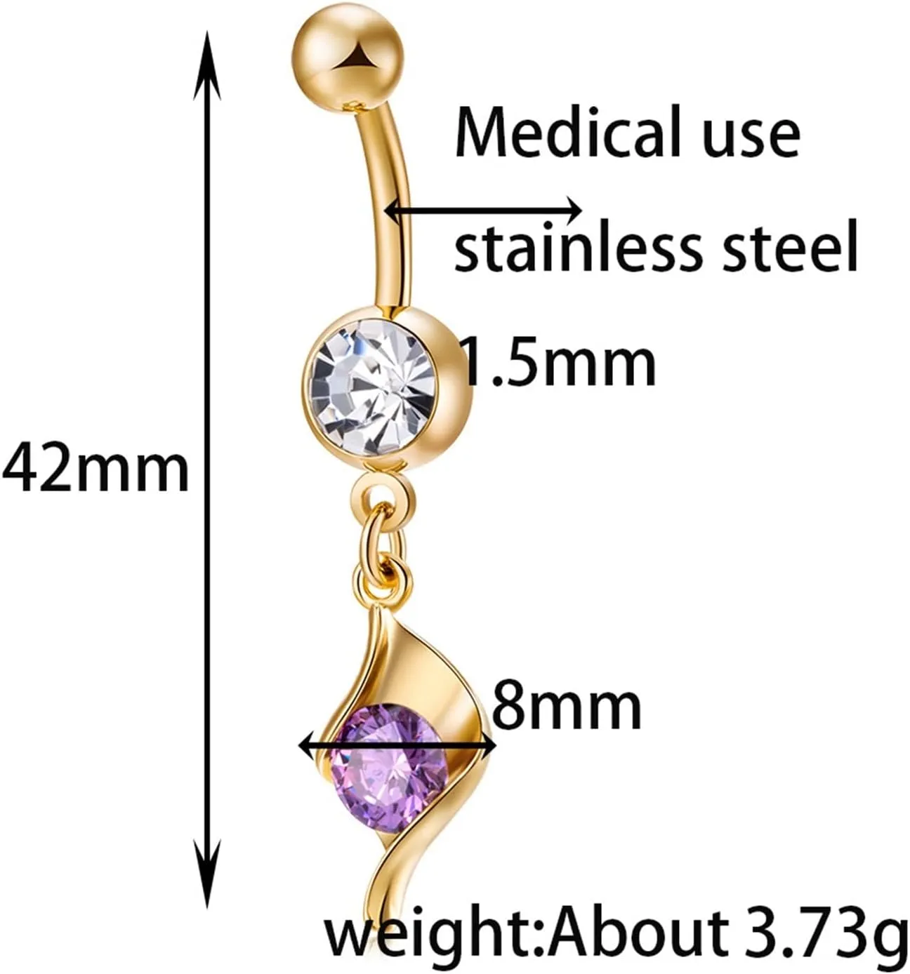 14G Navel Ring for Women, Belly Button Rings Dangling 316L Surgical Steel Belly Button Rings Elegant Round Cubic Zirconia Belly Button Piercing Jewelry