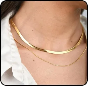14k Gold Plated Layered Necklace Set, Dainty Gold Necklaces for Women Double Layer Snake Chain Herringbone Satellite Bead Chain Necklace Gold Jewelry