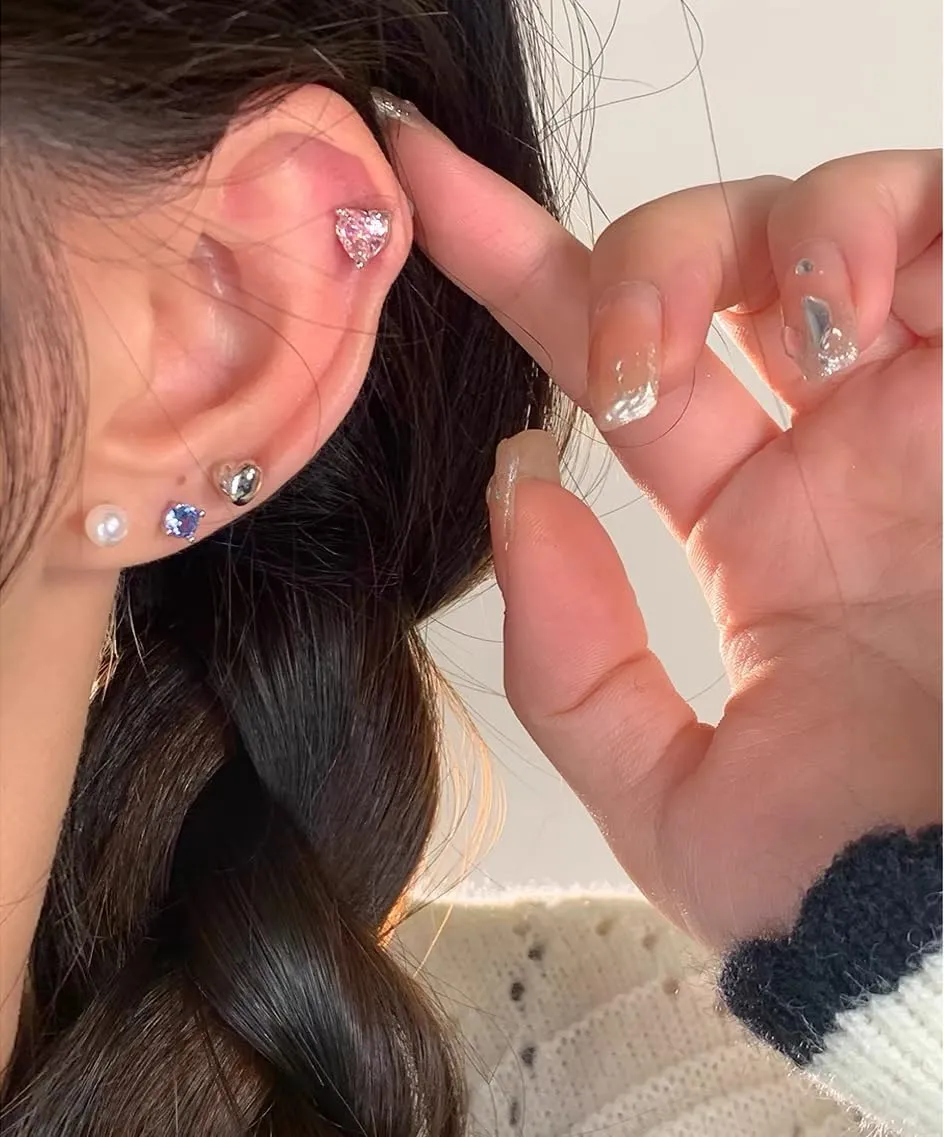 14K Gold Plated Stud Earrings 925 Sterling Silver Post Earrings Heart Love Cubic Zirconia Stud Earrings Small Cute for Women
