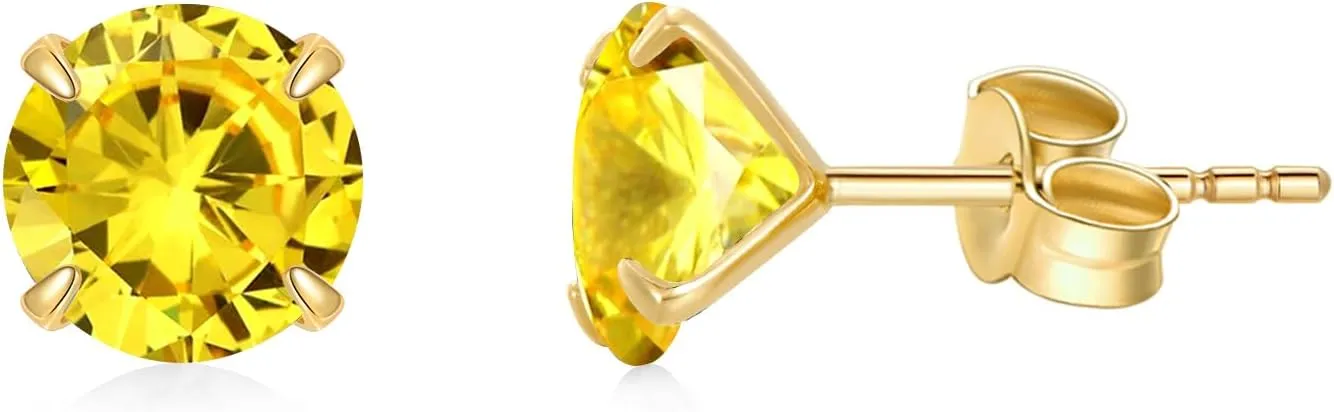 14K Solid Gold Birthstone Stud Earrings for Women, Yellow Gold Classic 4-Prong Set Brillant Round Cut Simulated Diamond Stud Earrings Women Jewelry Gifts