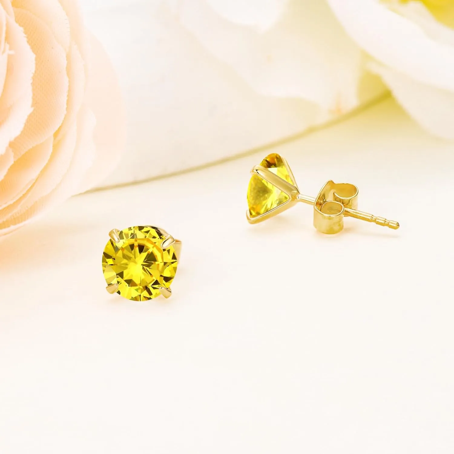 14K Solid Gold Birthstone Stud Earrings for Women, Yellow Gold Classic 4-Prong Set Brillant Round Cut Simulated Diamond Stud Earrings Women Jewelry Gifts