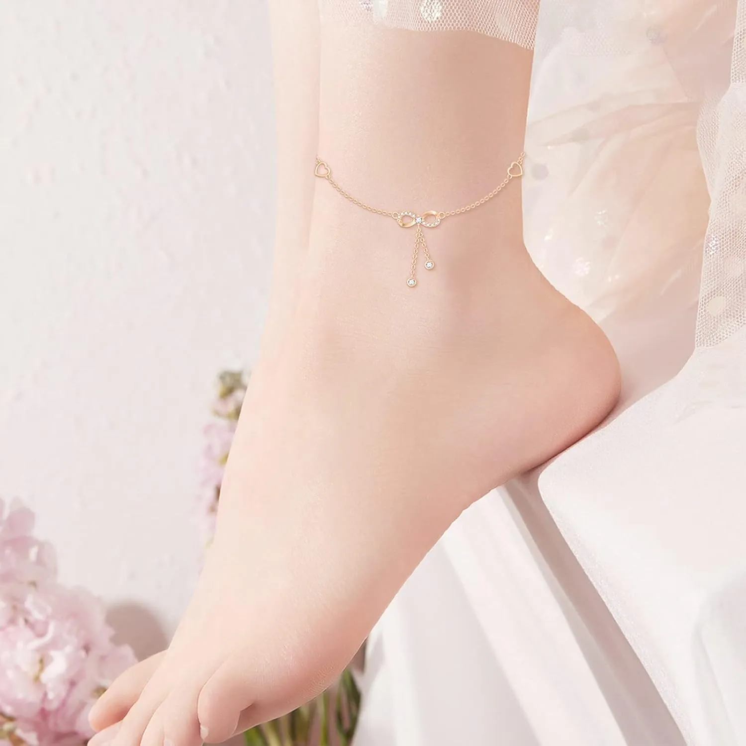14K Solid Gold Heart Infinity Anklet for Women,Real Gold Dainty Moissanite Infinity Heart Anklets Beads Station Anklet Foot Link Anniversary Birthday Jewelry Gifts for Wife Mom 8'' 2''