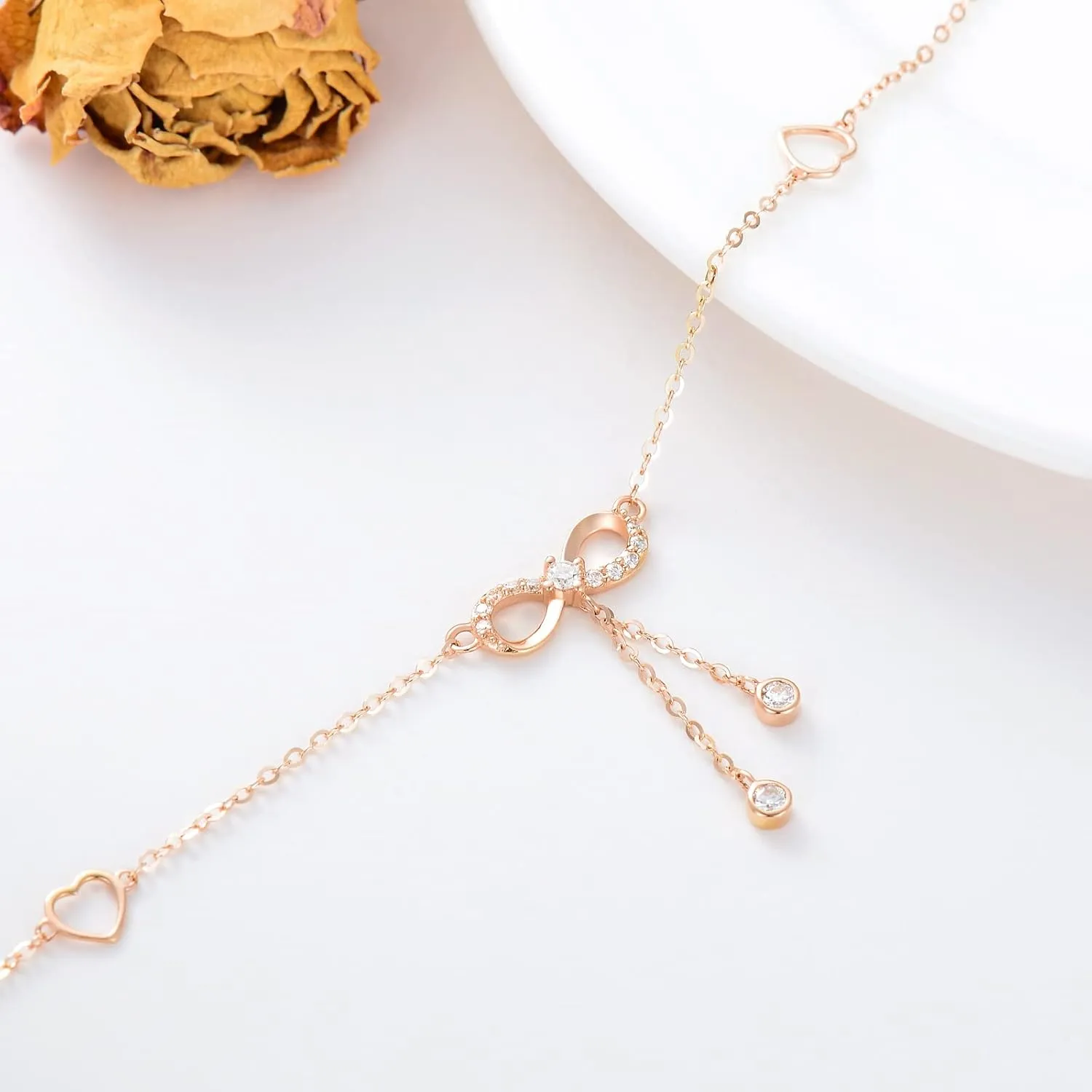 14K Solid Gold Heart Infinity Anklet for Women,Real Gold Dainty Moissanite Infinity Heart Anklets Beads Station Anklet Foot Link Anniversary Birthday Jewelry Gifts for Wife Mom 8'' 2''