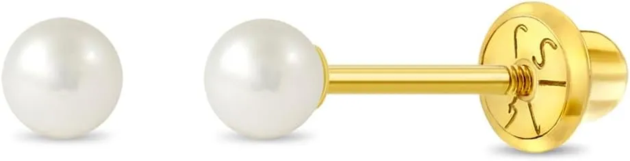 14k Yellow Gold Classic Freshwater Cultured Pearl Screw Back Earrings for Girls - Stud Earrings for Babies, Toddlers & Little Girls - Small Classic Girl Stud Earrings