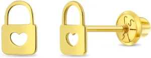 14k Yellow Gold Heart Lock Screw Back Earrings For Toddlers & Little Girls - Lovely Heart Accessories for Toddler Girls On Special Occasions - Classic Heart Themed Earrings For Girls