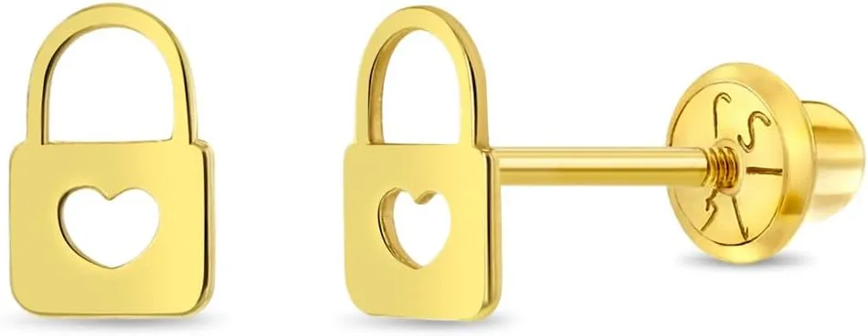 14k Yellow Gold Heart Lock Screw Back Earrings For Toddlers & Little Girls - Lovely Heart Accessories for Toddler Girls On Special Occasions - Classic Heart Themed Earrings For Girls
