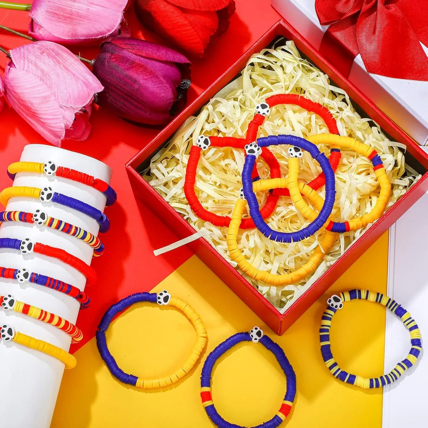 16 Pcs Friendship Bracelet Gift Set Adjustable Stretch Beaded Bracelets Birthday Party Decorations Supplies(Paw)