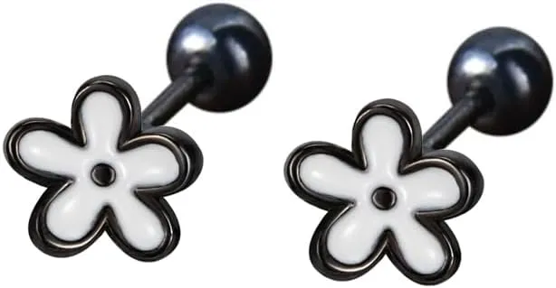 18G Cute Flower Cartilage Mini Stud Earrings for Women Teen Girls Hypoallergenic 925 Sterling Silver Enamel White Flowers Black Gold Plated Tiny Ball Screw Back Tragus Helix Sleeper Studs Earring