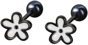 18G Cute Flower Cartilage Mini Stud Earrings for Women Teen Girls Hypoallergenic 925 Sterling Silver Enamel White Flowers Black Gold Plated Tiny Ball Screw Back Tragus Helix Sleeper Studs Earring