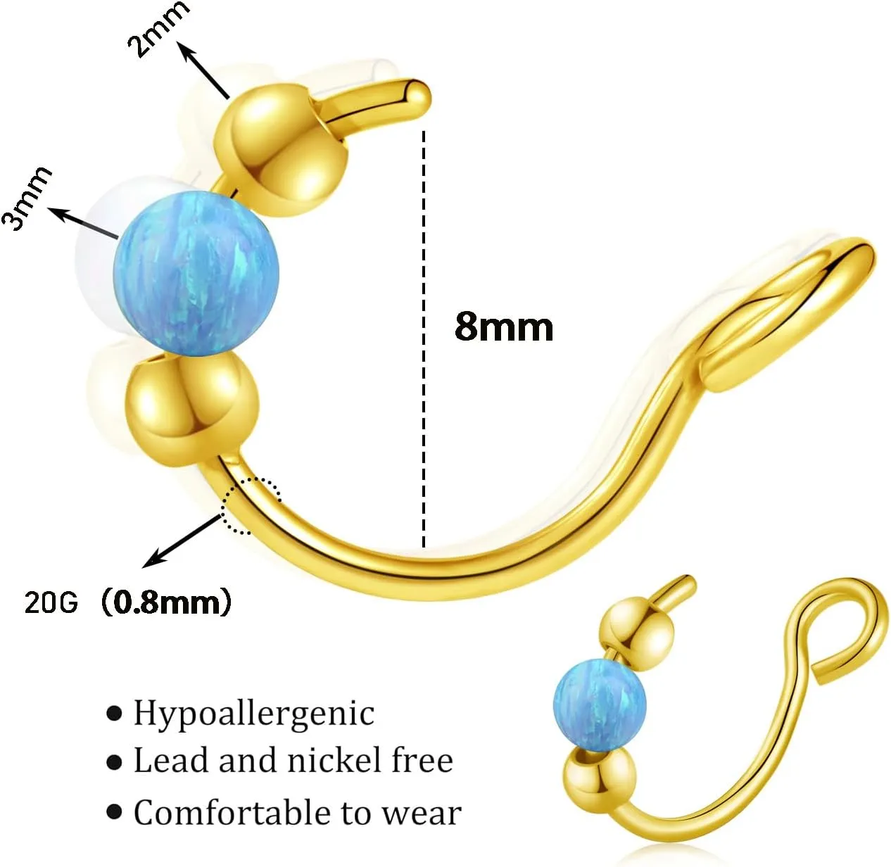 18g Gold Nose Hoops Opal Nose Rings For Women - Fake/Real, Surgical Steel, Hypoallergenic