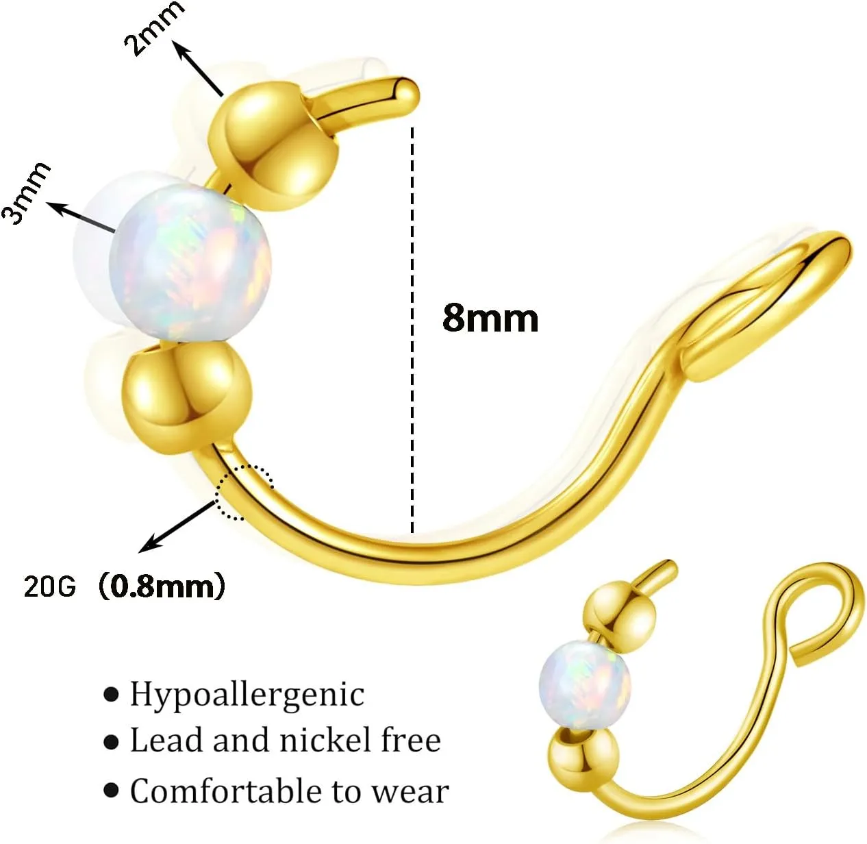 18g Gold Nose Hoops Opal Nose Rings For Women - Fake/Real, Surgical Steel, Hypoallergenic