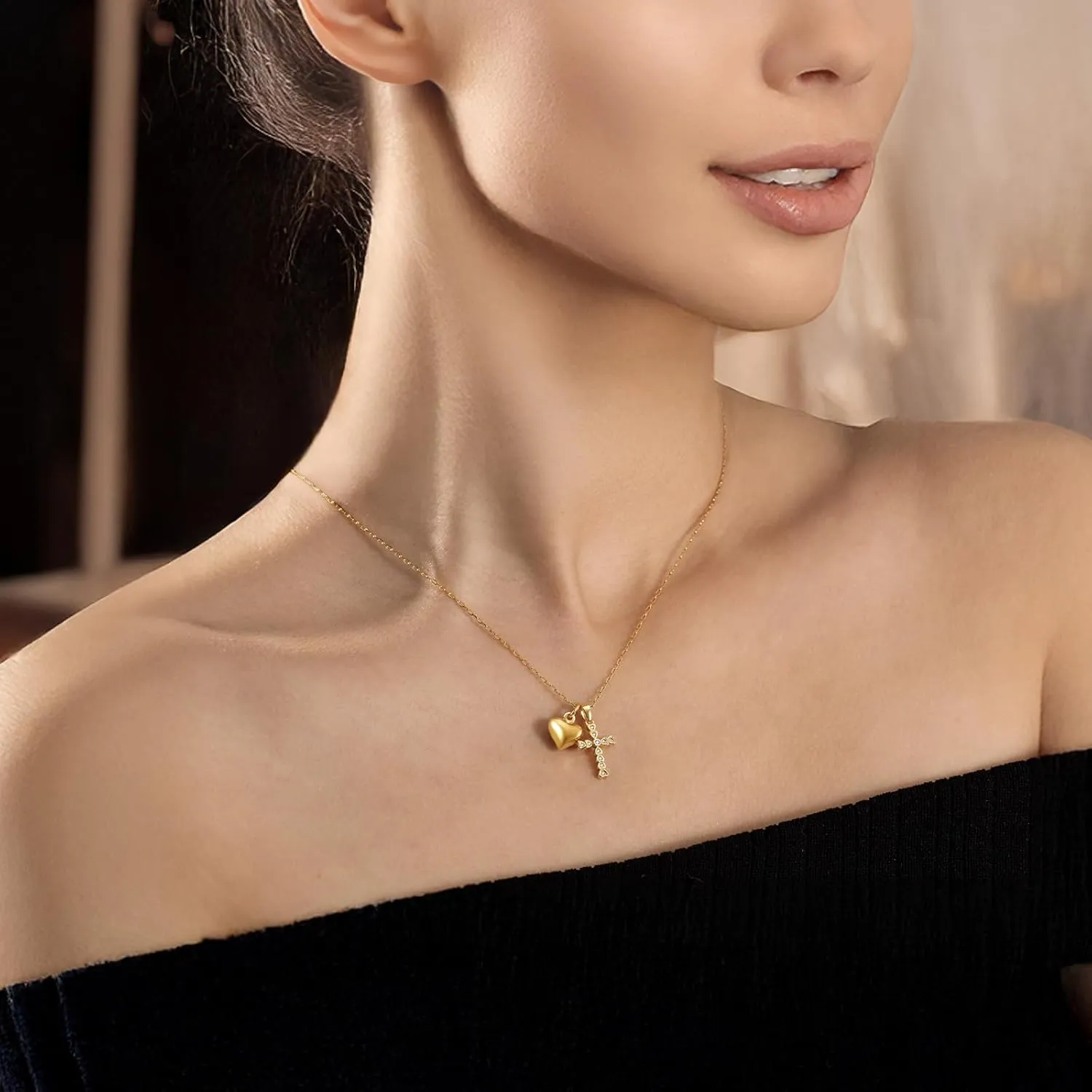 18k Gold Cross Necklace for Women Cute Dainty Gold Heart Pendant Necklaces Religious Faith Jewelry Gift