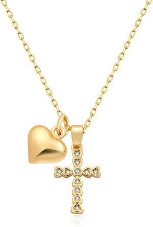 18k Gold Cross Necklace for Women Cute Dainty Gold Heart Pendant Necklaces Religious Faith Jewelry Gift