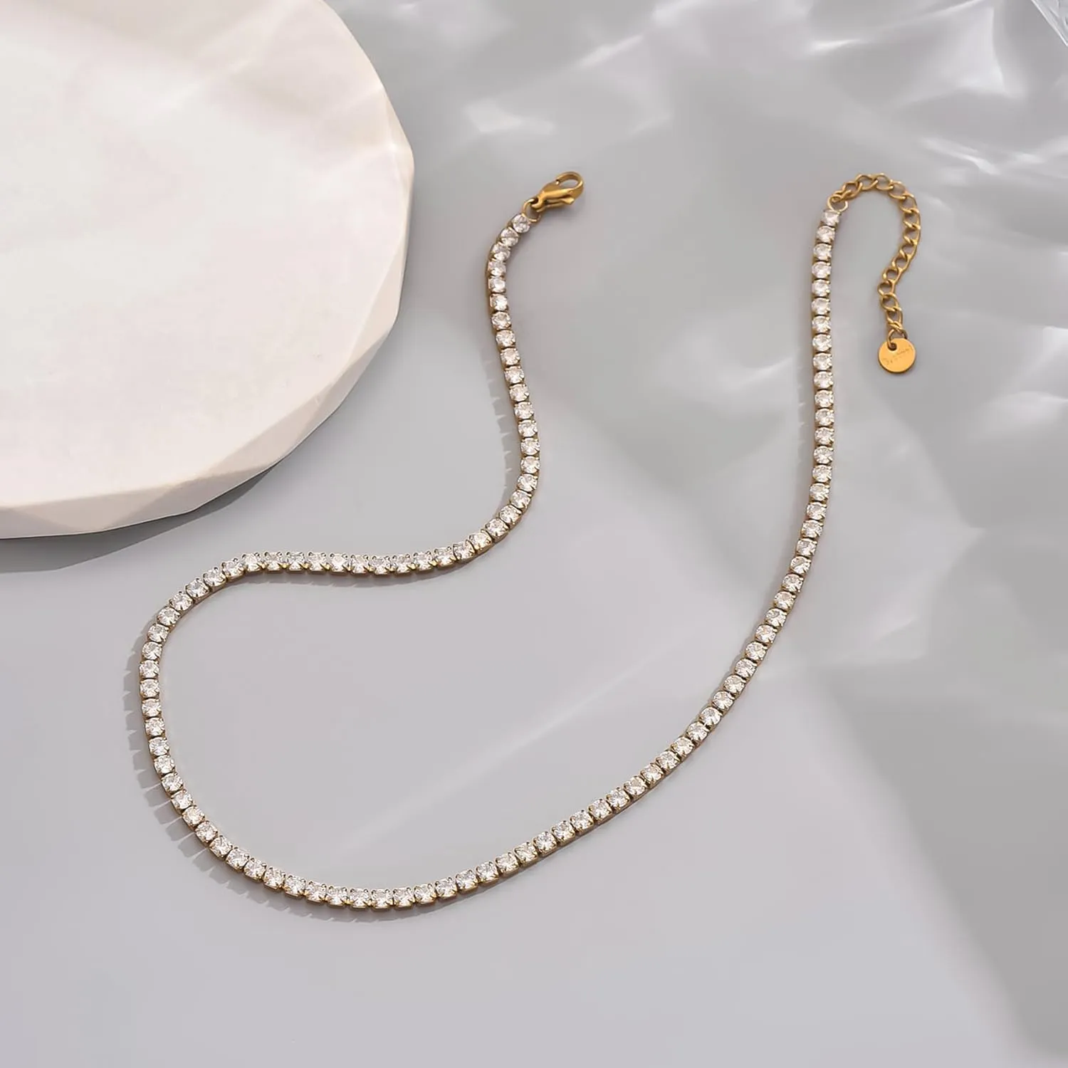 18K Gold Plated 3mm Tennis Necklaces for Women Dainty Simulated Diamond Tennis Choker Chain Layered CZ Flower Pendant Necklace Bridal Jewelry Gift