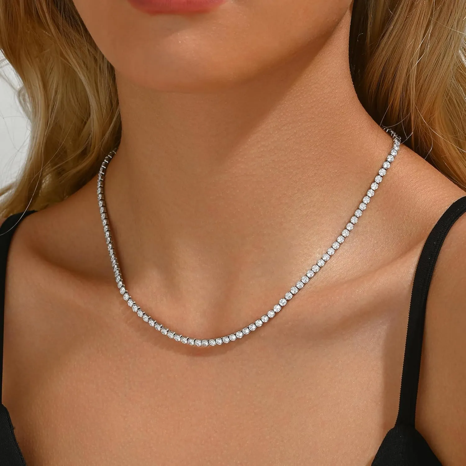 18K Gold Plated 3mm Tennis Necklaces for Women Dainty Simulated Diamond Tennis Choker Chain Layered CZ Flower Pendant Necklace Bridal Jewelry Gift