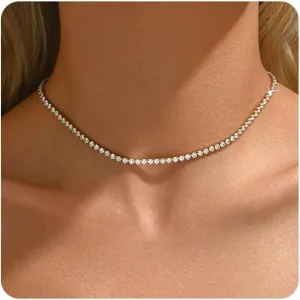 18K Gold Plated 3mm Tennis Necklaces for Women Dainty Simulated Diamond Tennis Choker Chain Layered CZ Flower Pendant Necklace Bridal Jewelry Gift
