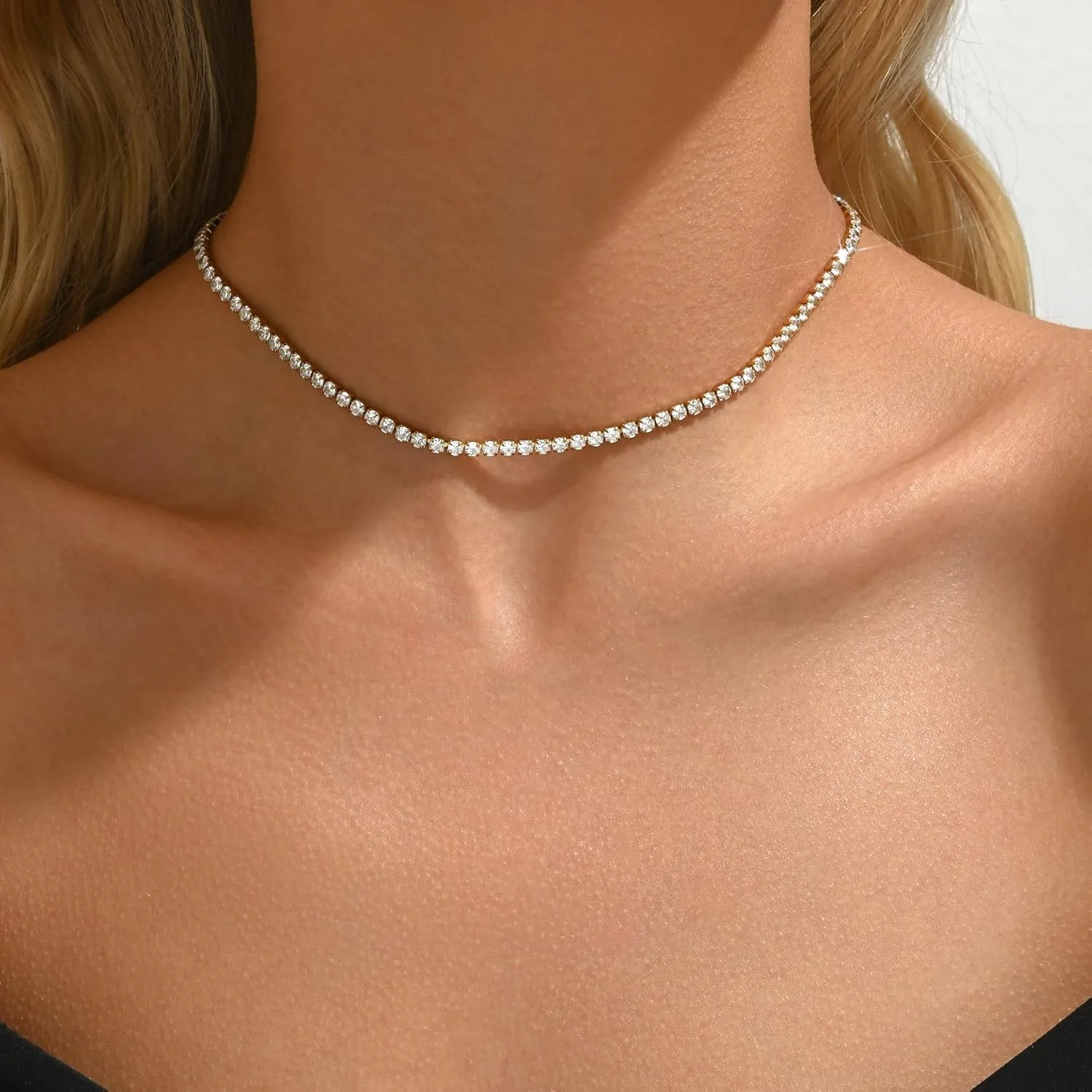18K Gold Plated 3mm Tennis Necklaces for Women Dainty Simulated Diamond Tennis Choker Chain Layered CZ Flower Pendant Necklace Bridal Jewelry Gift