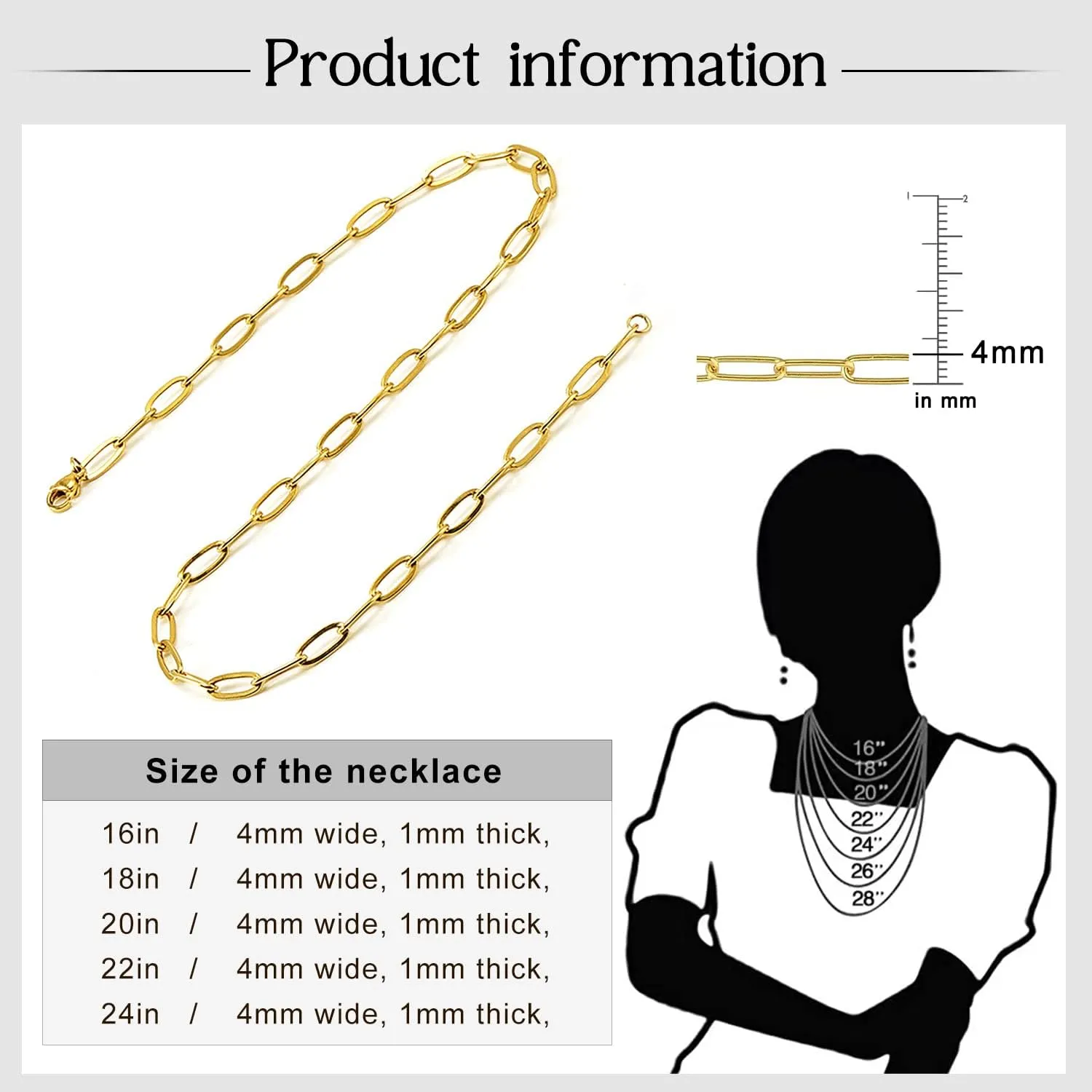 18K Gold Plated Paperclip Chain Necklace for Women 3.0MM Gold Chain Necklace, Link Chain Necklaces for Women Men Unisex Multiple Length Size