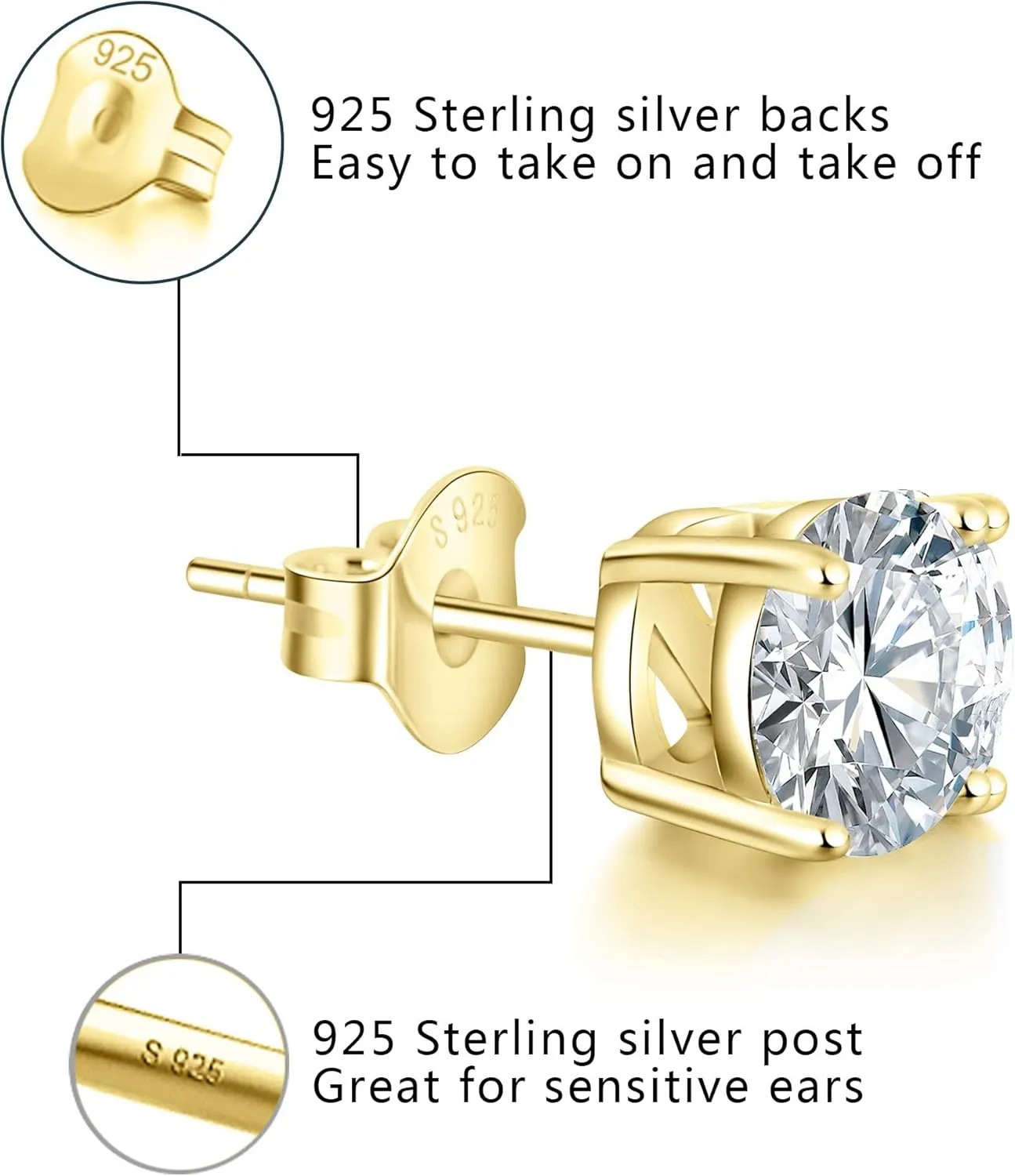 18K Gold Plated Round Cubic Zirconia Faux Diamond Earrings Sterling Silver Post Hypoallergenic Earrings for Women Men, in White Gold, Rose Gold and Yellow Gold, CZ 0.5 to 2.5ctw