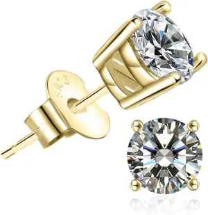 18K Gold Plated Round Cubic Zirconia Faux Diamond Earrings Sterling Silver Post Hypoallergenic Earrings for Women Men, in White Gold, Rose Gold and Yellow Gold, CZ 0.5 to 2.5ctw