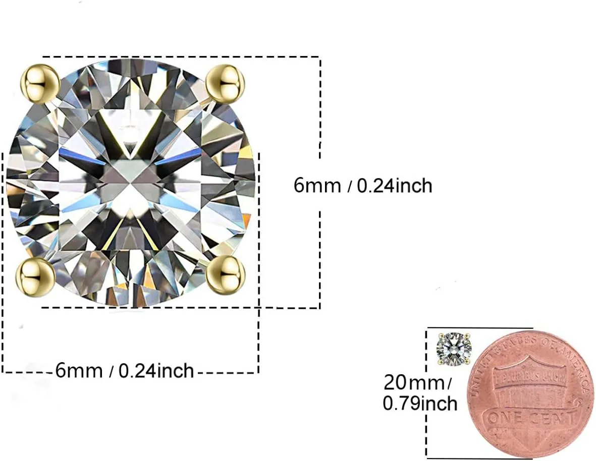 18K Gold Plated Round Cubic Zirconia Faux Diamond Earrings Sterling Silver Post Hypoallergenic Earrings for Women Men, in White Gold, Rose Gold and Yellow Gold, CZ 0.5 to 2.5ctw