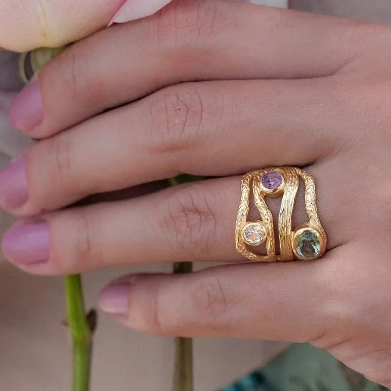 18k Gold Plated Tri-Moonlight Imitation Gemstone Ring Cubic Zirconia Irregularly Shaped Promise Ring Exquisite Birthday Jewelry Gift 10