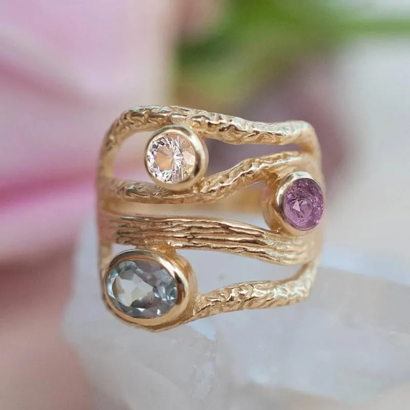 18k Gold Plated Tri-Moonlight Imitation Gemstone Ring Cubic Zirconia Irregularly Shaped Promise Ring Exquisite Birthday Jewelry Gift 10