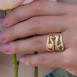 18k Gold Plated Tri-Moonlight Imitation Gemstone Ring Cubic Zirconia Irregularly Shaped Promise Ring Exquisite Birthday Jewelry Gift 10