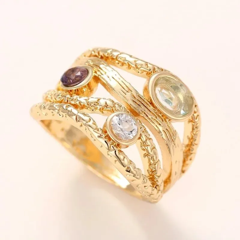 18k Gold Plated Tri-Moonlight Imitation Gemstone Ring Cubic Zirconia Irregularly Shaped Promise Ring Exquisite Birthday Jewelry Gift 10