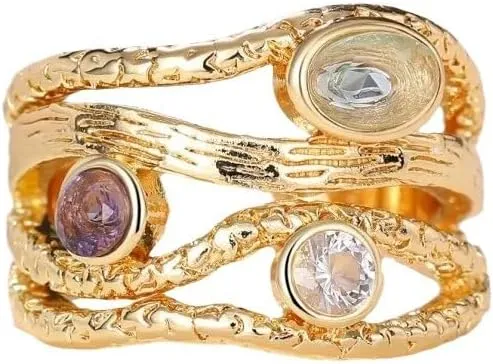 18k Gold Plated Tri-Moonlight Imitation Gemstone Ring Cubic Zirconia Irregularly Shaped Promise Ring Exquisite Birthday Jewelry Gift 10