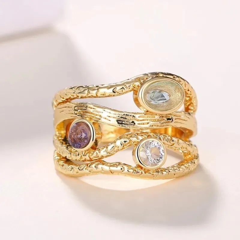 18k Gold Plated Tri-Moonlight Imitation Gemstone Ring Cubic Zirconia Irregularly Shaped Promise Ring Exquisite Birthday Jewelry Gift 10