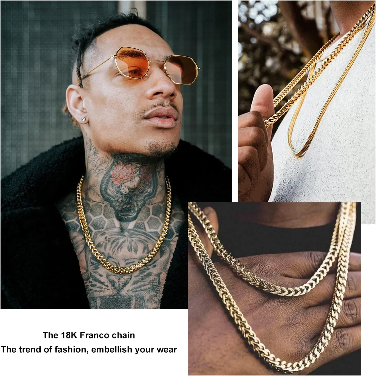 18k Yellow Gold Italian 3.0mm Franco Link Chain Necklace for Men Rope Gold Chain Necklaces for Women | Cuban Chains for Men Boys Women Hip-Hop Cool Style Unisex 16"-28"