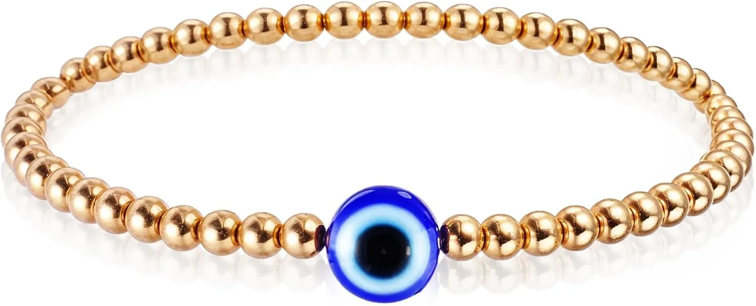 1PC Blue Evil Eye Bracelets for Women, Womens Gold Beaded Bracelets Non Tarnish Trendy Dainty Gold Jewelry Waterproof Cuff Charm with Pearl Accents Stacked Pearl Bracelet Accessories for Gift