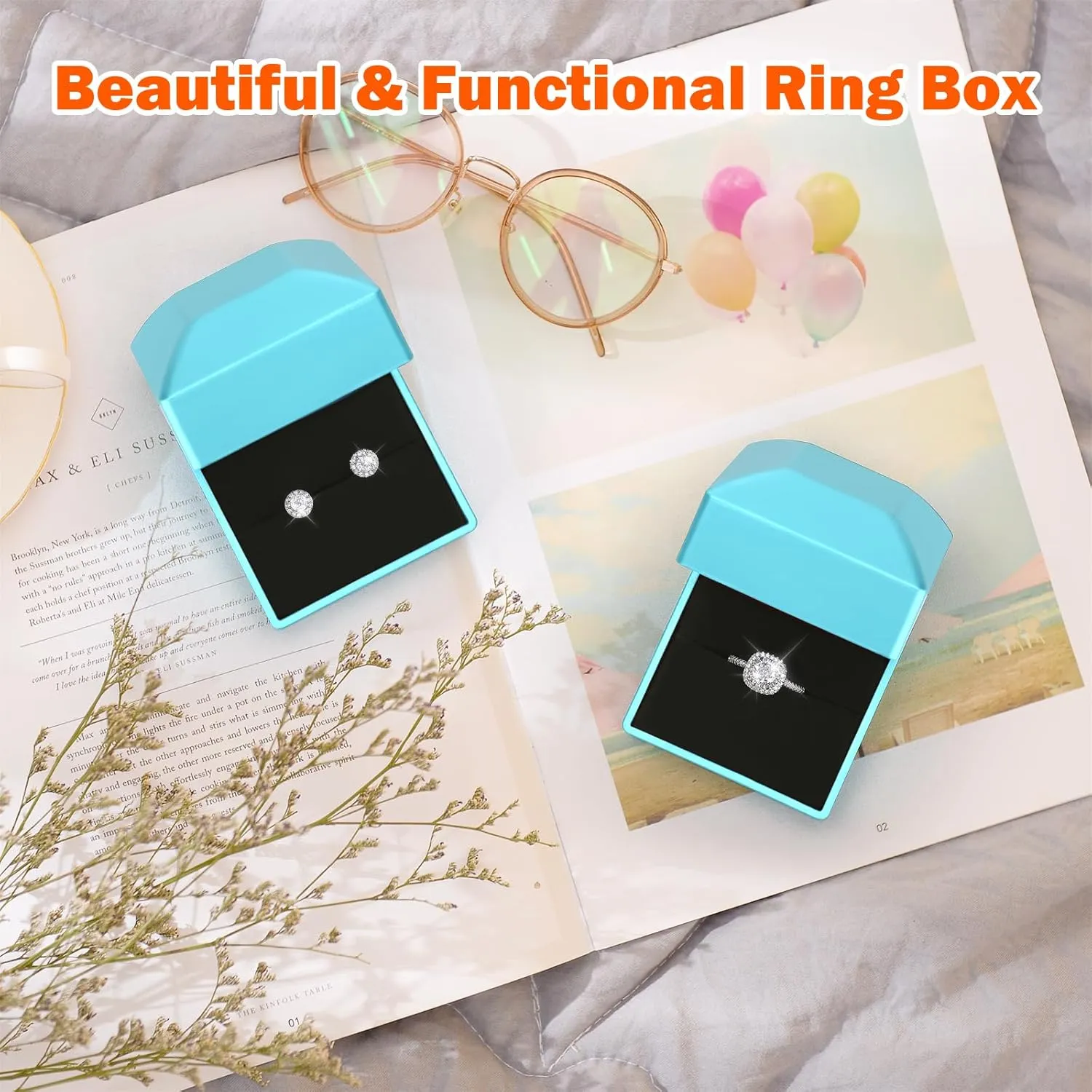 2 Pieces Ring Earring Gift Box with LED light, Elegant Velvet Ring Case Jewelry Display for Proposal, Engagement, Wedding, Gift (Daphne Blue)