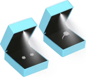 2 Pieces Ring Earring Gift Box with LED light, Elegant Velvet Ring Case Jewelry Display for Proposal, Engagement, Wedding, Gift (Daphne Blue)