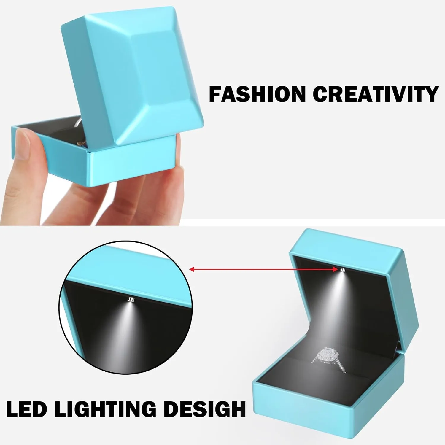 2 Pieces Ring Earring Gift Box with LED light, Elegant Velvet Ring Case Jewelry Display for Proposal, Engagement, Wedding, Gift (Daphne Blue)