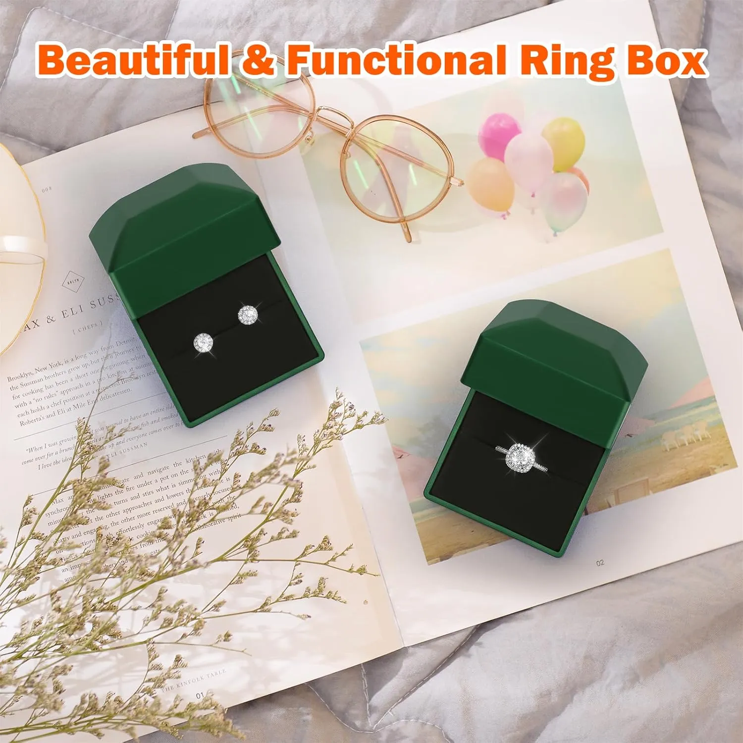 2 Pieces Ring Earring Gift Box with LED light, Elegant Velvet Ring Case Jewelry Display for Proposal, Engagement, Wedding, Gift (Green)