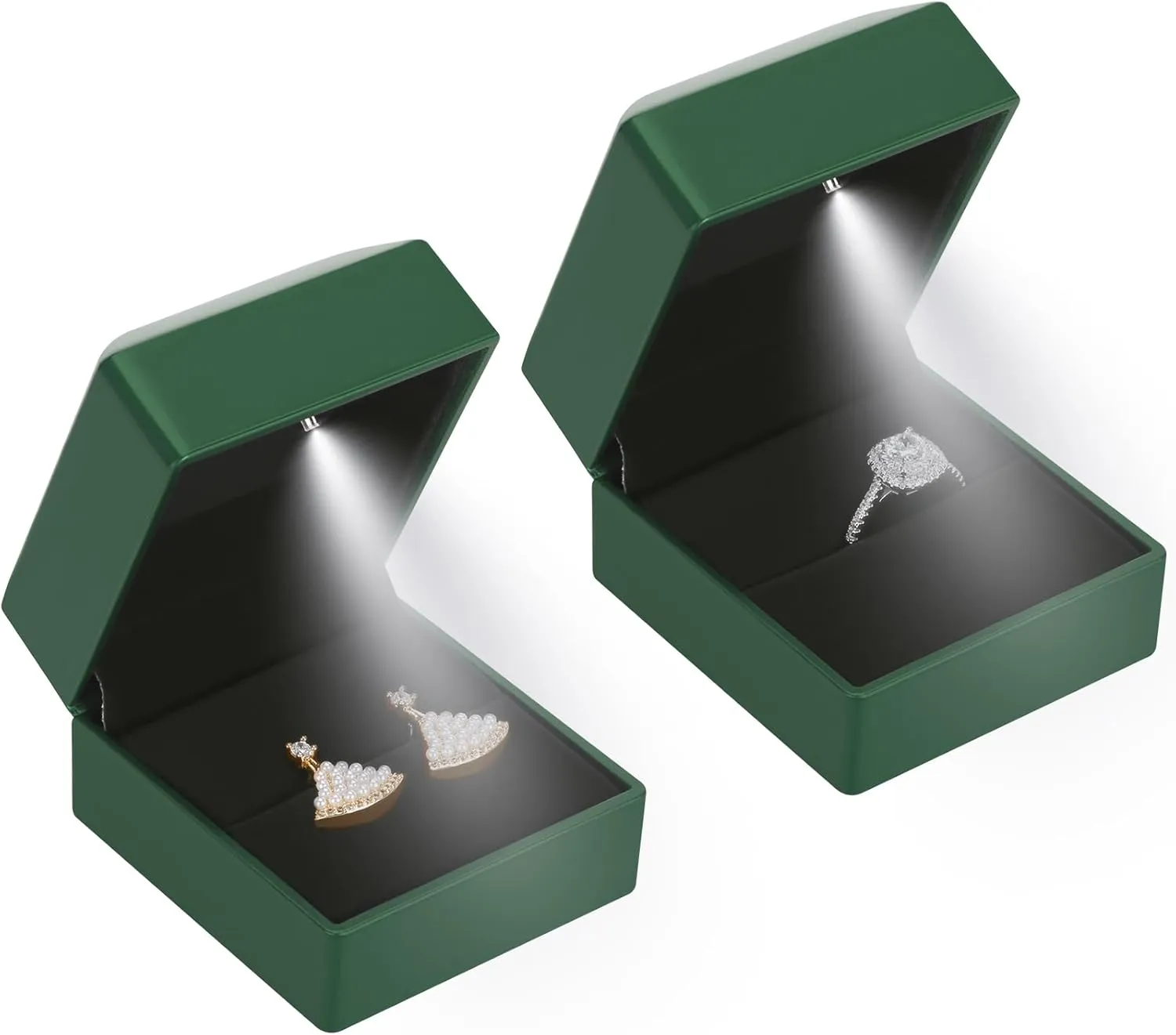 2 Pieces Ring Earring Gift Box with LED light, Elegant Velvet Ring Case Jewelry Display for Proposal, Engagement, Wedding, Gift (Green)