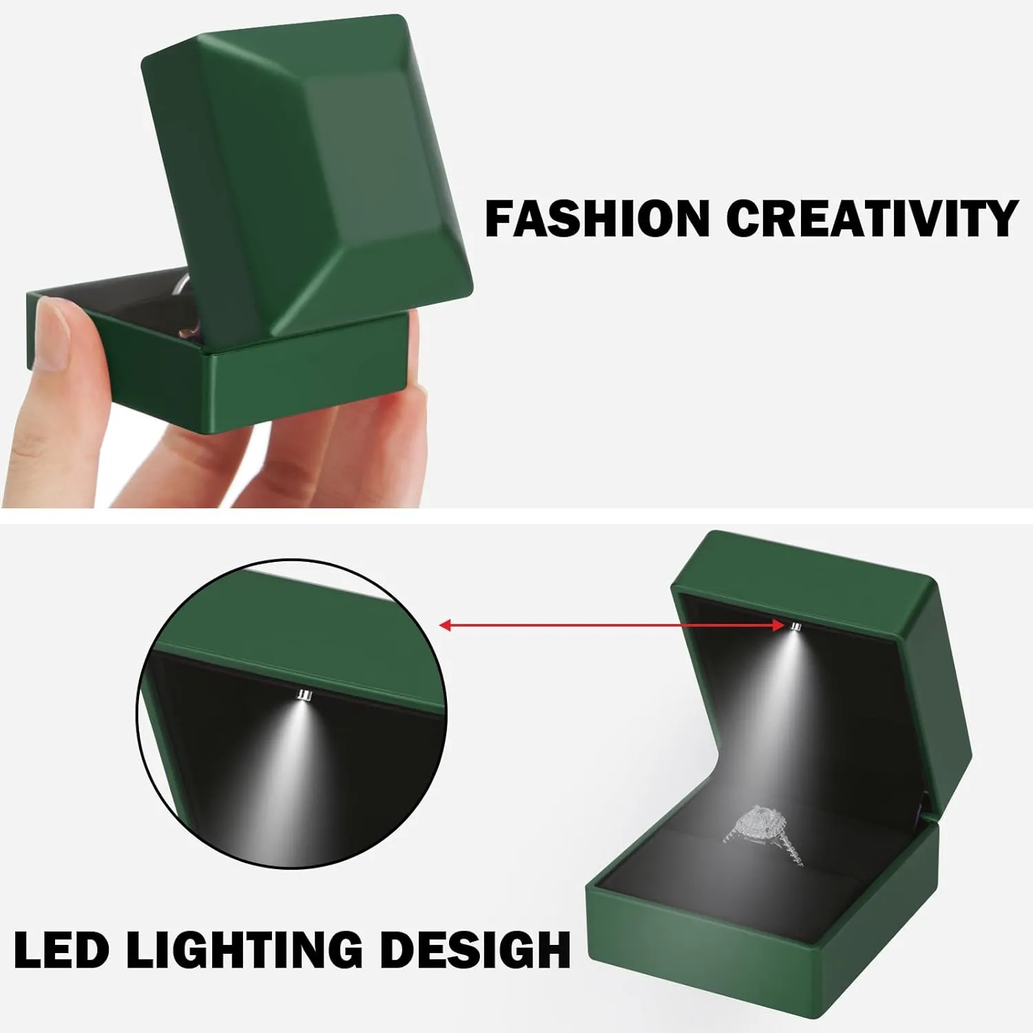 2 Pieces Ring Earring Gift Box with LED light, Elegant Velvet Ring Case Jewelry Display for Proposal, Engagement, Wedding, Gift (Green)