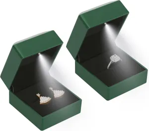 2 Pieces Ring Earring Gift Box with LED light, Elegant Velvet Ring Case Jewelry Display for Proposal, Engagement, Wedding, Gift (Green)
