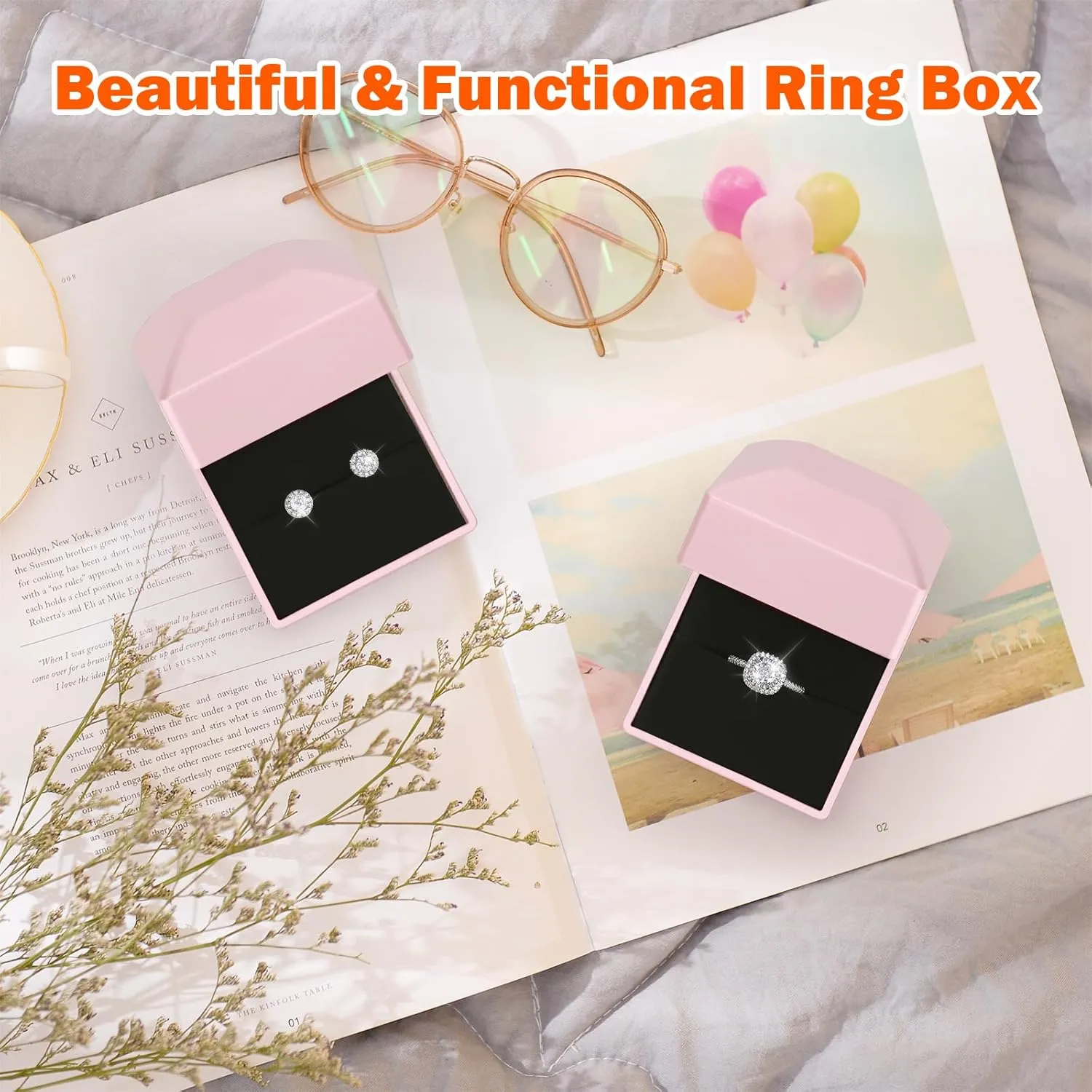 2 Pieces Ring Earring Gift Box with LED light, Elegant Velvet Ring Case Jewelry Display for Proposal, Engagement, Wedding, Gift (Pink)