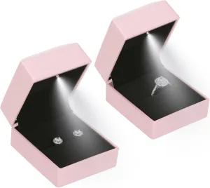 2 Pieces Ring Earring Gift Box with LED light, Elegant Velvet Ring Case Jewelry Display for Proposal, Engagement, Wedding, Gift (Pink)