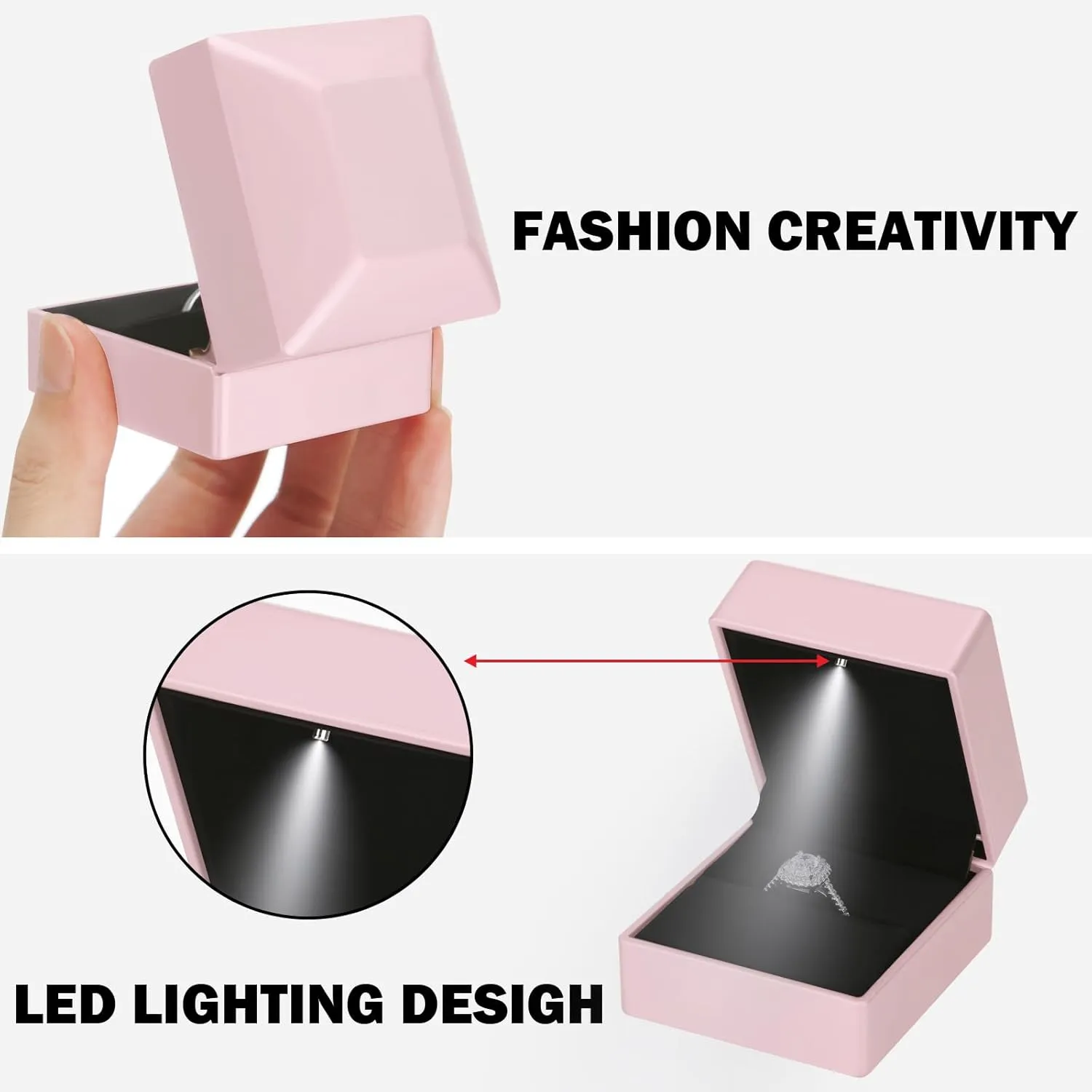 2 Pieces Ring Earring Gift Box with LED light, Elegant Velvet Ring Case Jewelry Display for Proposal, Engagement, Wedding, Gift (Pink)