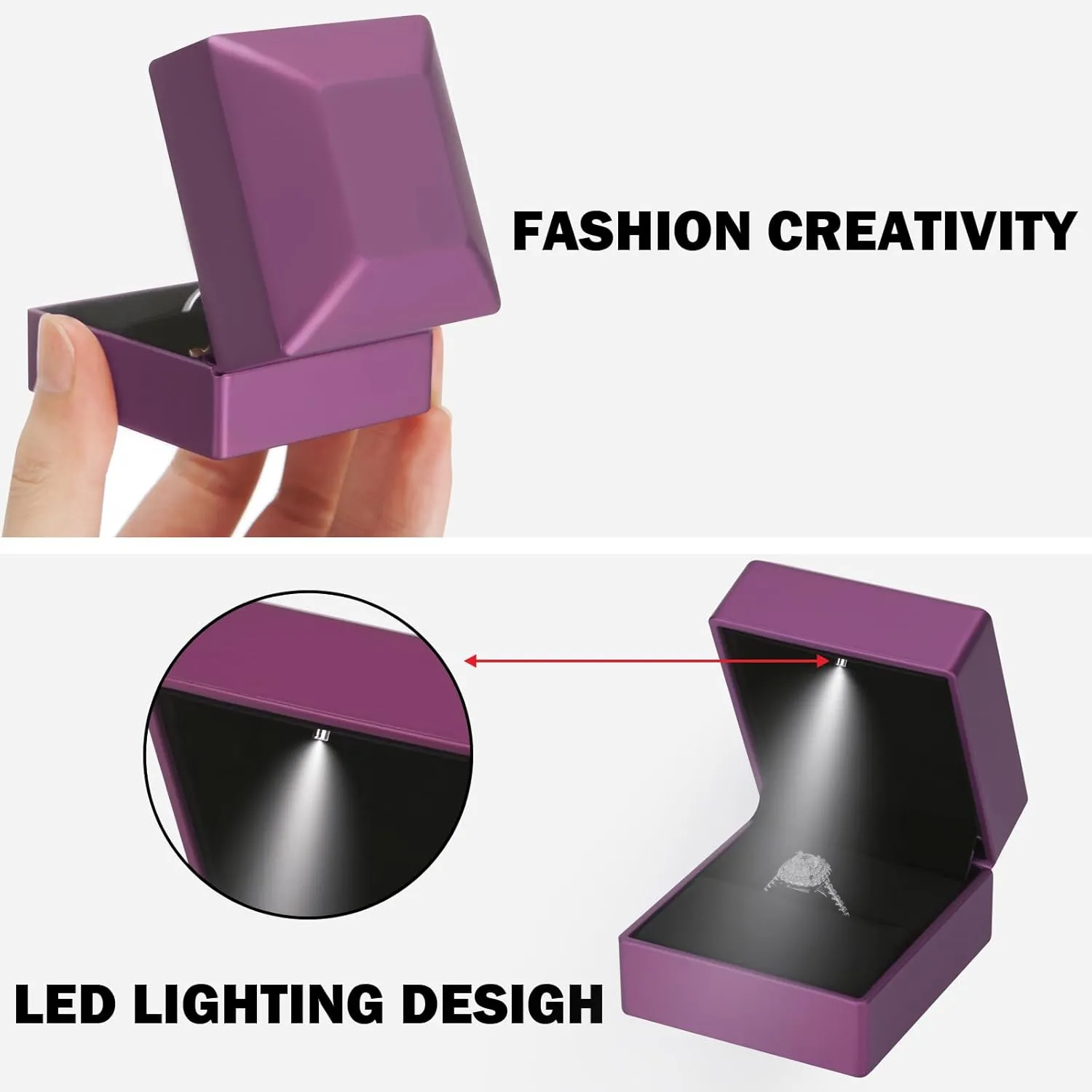 2 Pieces Ring Earring Gift Box with LED light, Elegant Velvet Ring Case Jewelry Display for Proposal, Engagement, Wedding, Gift (Purple)
