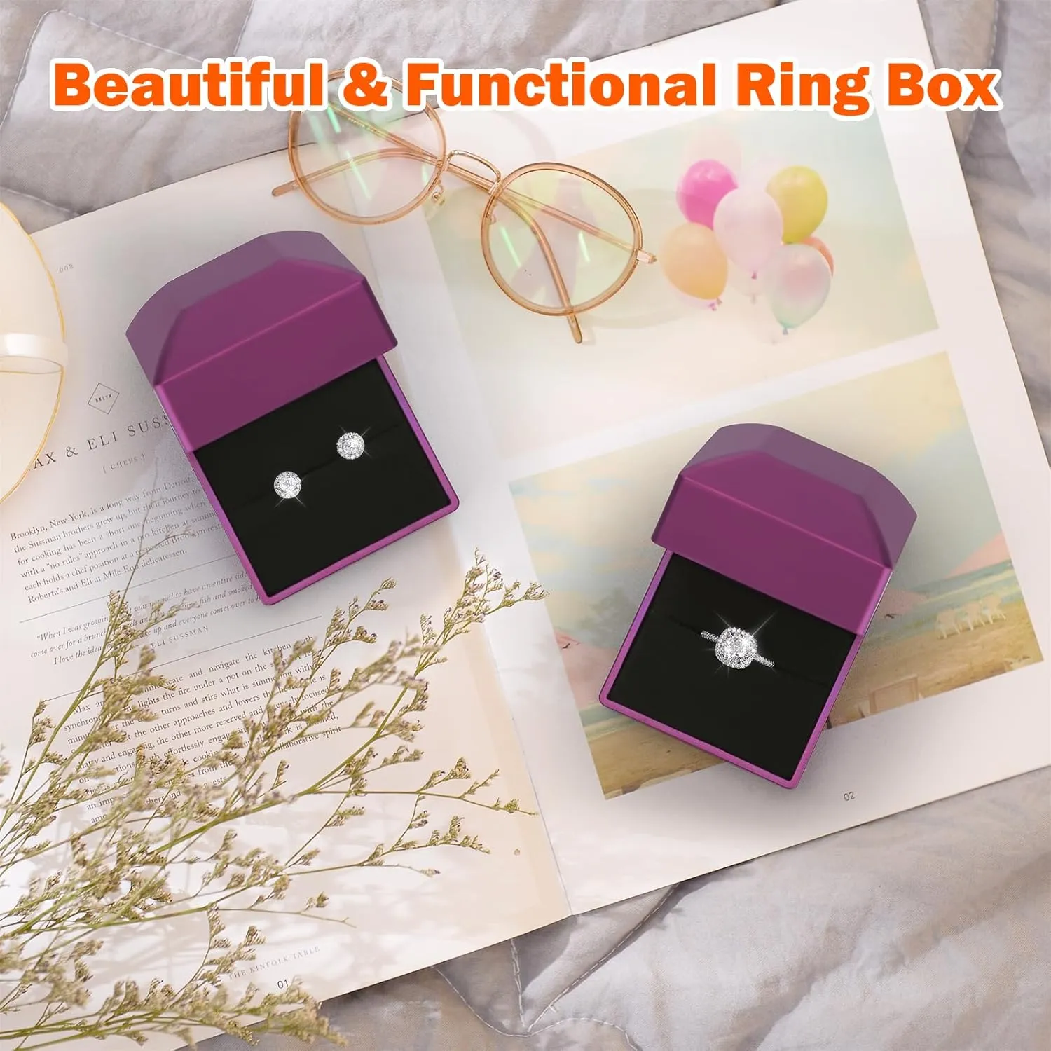 2 Pieces Ring Earring Gift Box with LED light, Elegant Velvet Ring Case Jewelry Display for Proposal, Engagement, Wedding, Gift (Purple)