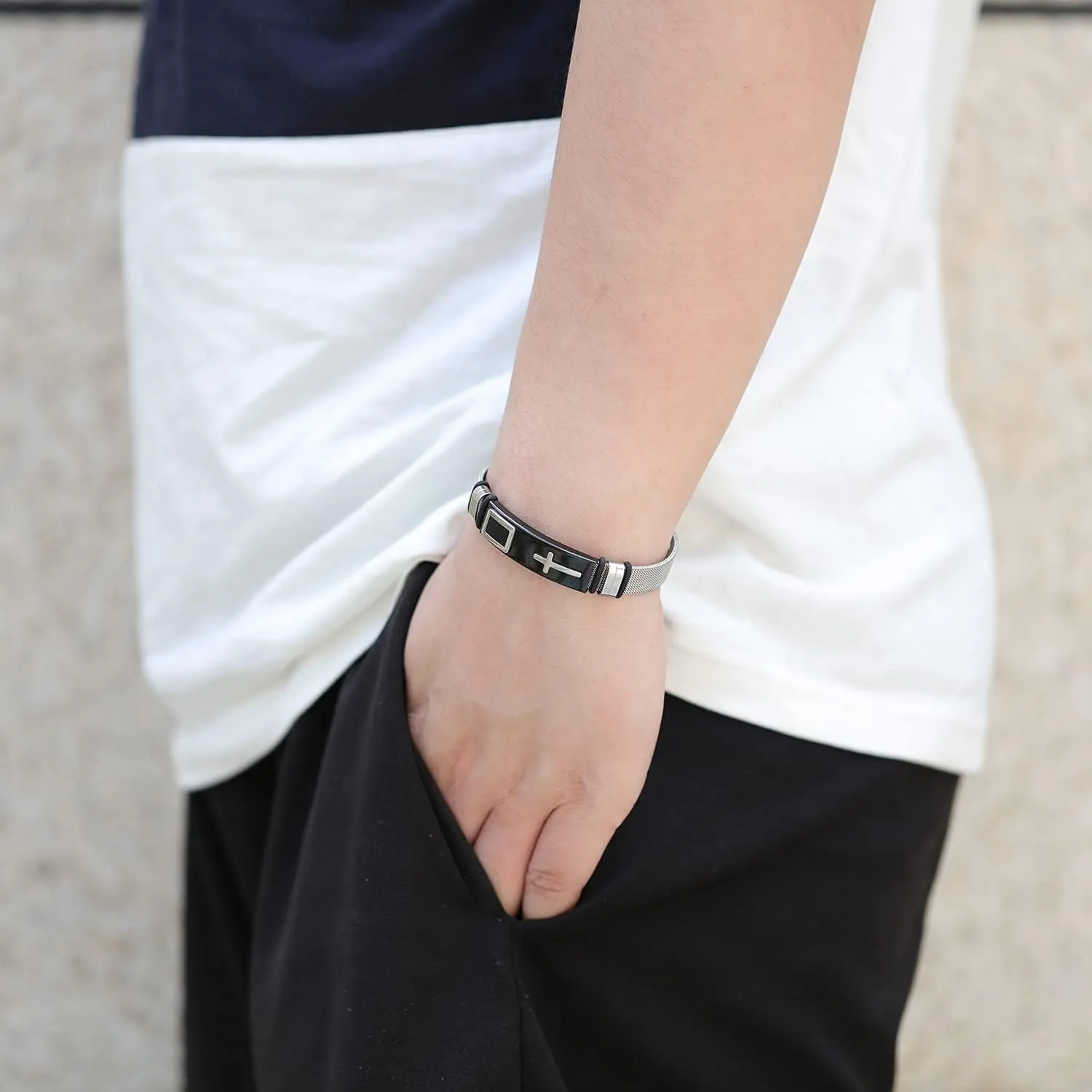 2025 ULtimate Mens bracelet,Black bracelets for men,Stylish Adjustable Cross Stainless Steel Mesh Chain Wrist Band men's jewelry braclets for man,male coworkers string ideas cool braclets hip hop